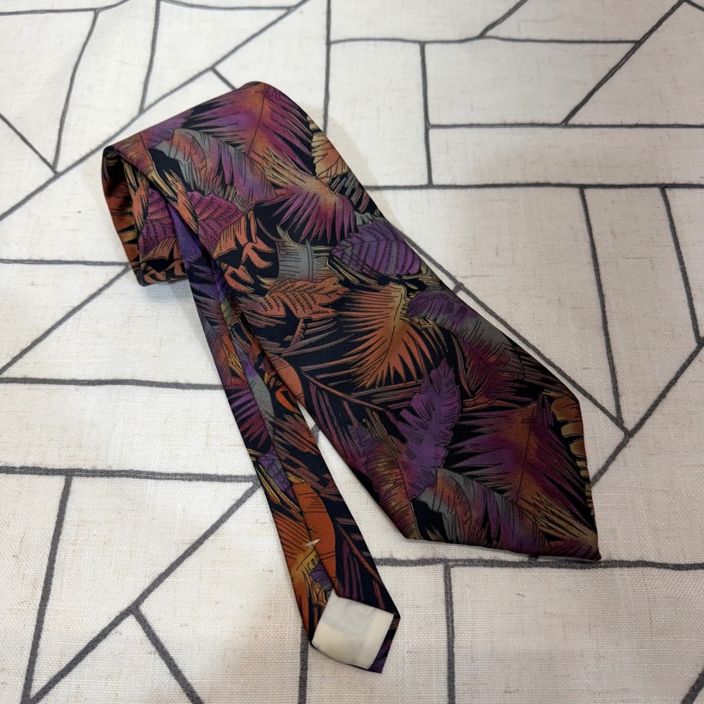 Royal Knight Necktie One‎ Size Purple Orange Tropical Palm Leaf Silk Vintage